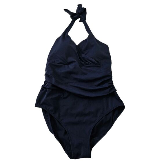 Boden Levanzo Ruched Halter Swimsuit 14 Long 14L Navy Blue‎ Resortwear One Piece - Picture 1 of 6
